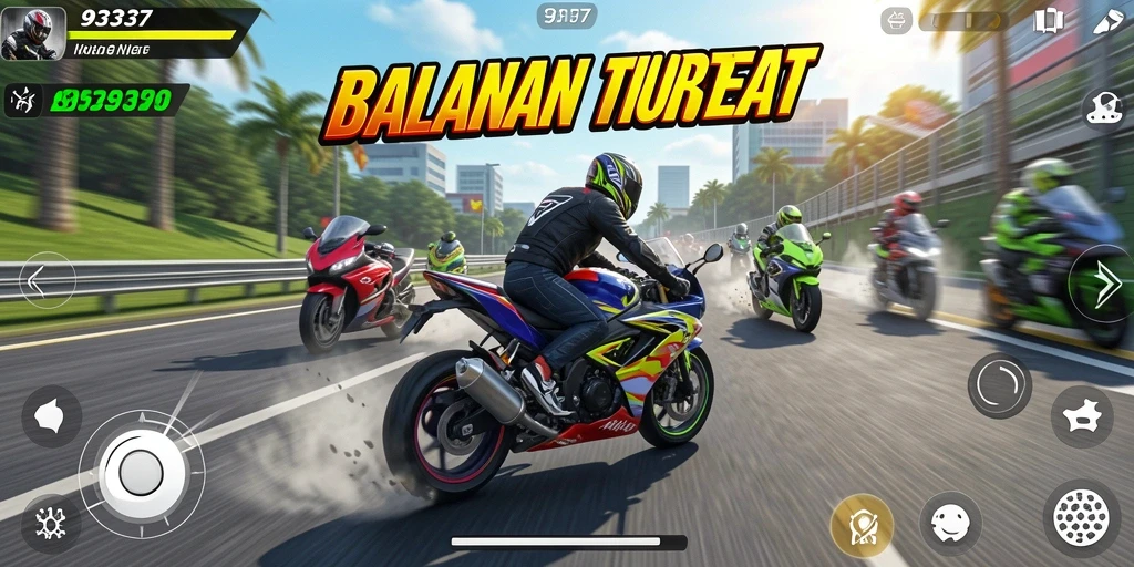 Screenshot dari gameplay 93337 menampilkan aksi balapan motor yang mendebarkan.