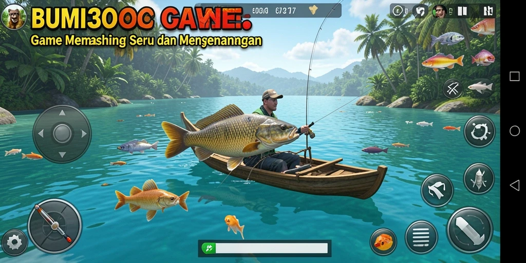 Gameplay BUMI303 saat memancing di danau yang tenang.