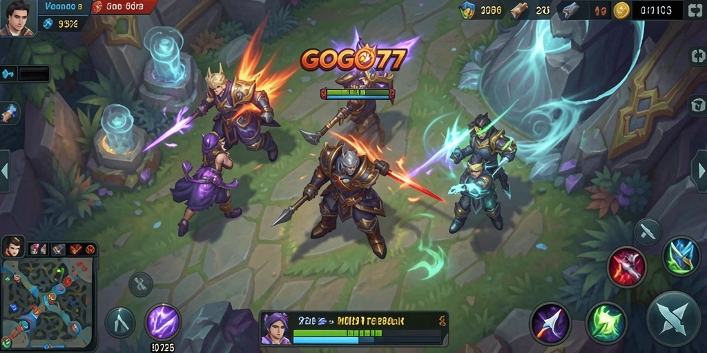 Screenshot gameplay GOGO77 yang menampilkan pertarungan epik Tim MOBA.