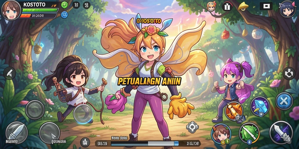 Screenshot utama KOSTOTO menampilkan karakter anime dalam aksi seru.