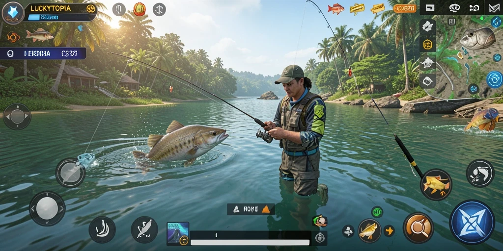 Gameplay LUCKYTOPIA yang seru dengan pengalaman memancing yang mendalam.
