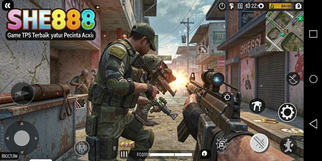 Tampilan gameplay seru dalam SHE888 yang menampilkan aksi TPS.